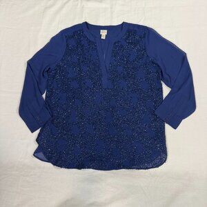 Chico’s Sequin Blouse Size 3 (XL) Blue Sheer Overlay Beaded 3/4 Sleeve Top